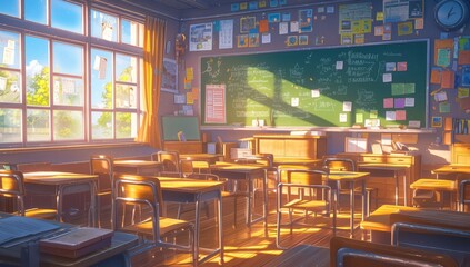 The anime style classroom background features wooden desks and chairs arranged neatly, with an empty blackboard hanging on the wall. 