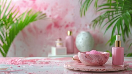 Pink Table With Bowl of Pink Stuff and Bottle of Lotion - obrazy, fototapety, plakaty
