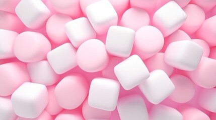 Background with puffy pink and white marshmallows, 3d top view.