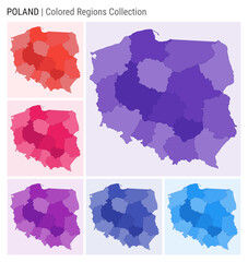 Poland map collection. Country shape with colored regions. Deep Purple, Red, Pink, Purple, Indigo, Blue color palettes. Border of Poland with provinces for your infographic. Vector illustration.