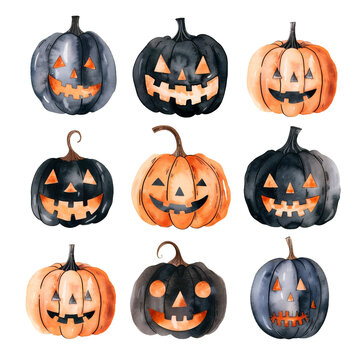 Watercolor Halloween black Pumpkin Clipart set isolated on a transparent background