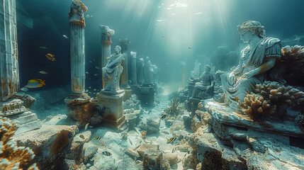 Ancient ruined city with dilapidated buildings, columns and marble statues on sandy bottom of sea. Blue water, green algae, corals, rays of sun through water illuminate city. Result of old tragedy. - obrazy, fototapety, plakaty