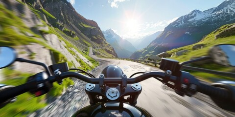 A motorcycle driving down a road next to a mountain