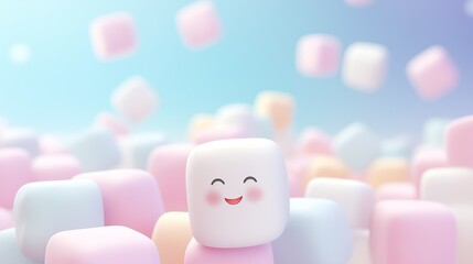 Delicious puffy pink and white marshmallows background, 3d top view.