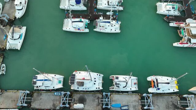 View of the bay with boats, dawn, aerial video from a drone