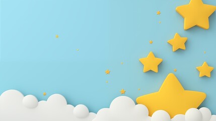 Sweet dreams banner. 3d Fluffy clouds on blue sky background with yellow stars. Place for text.