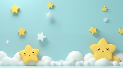 Banner with clouds and stars. 3d Sweet dreams poster. Fluffy clouds on blue sky background with yellow stars. Place for text.