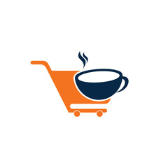 Coffee and shopping cart logo design template. Shopping cart logo design combined with coffee cups vector	