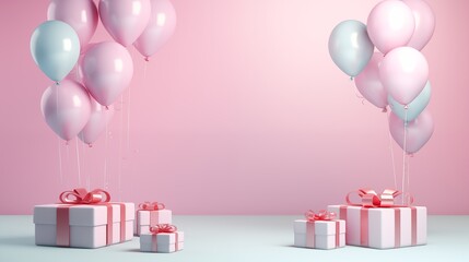 Background or banner with multicolor balloons and gift boxes. 3d poster for greeting or advertising.