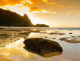 Beautiful Sunset Reflection on The Tide Pools at Tunnels Beach, Kauai, Hawaii, USA