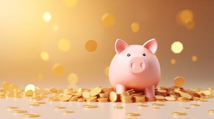 3d Pig piggy bank and gold coins. Money creative business concept. . Financial services. Safe finance investment.