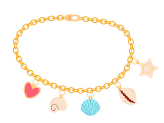 Fototapeta premium Golden trendy bracelet. Jewelry with Shells. Summer jewelry. Kids jewelry set. Cartoon drawing of jewelry for children isolated on white. Fashion, jewelry concept