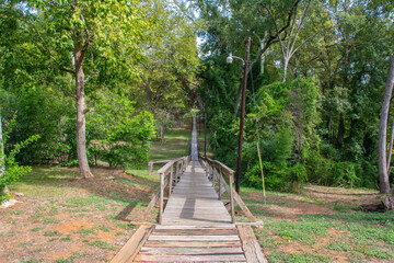 The 546-foot Rusk Footbridge constructed in 1861 to allow passage over a flooded creekbed just off of the courthouse square in downtown Rusk, Cherokee County, Texas, USA