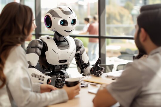 Photo of an AI robot sitting at a table with people in front, they have coffee and talk to each other smiling, in a modern office space background, wide shot, high resolution photography, natural ligh