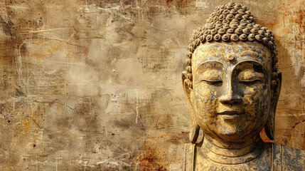 Buddha statue on a rough background. 