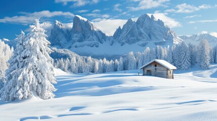 Fototapeta premium A small cabin in the middle of a snowy mountain