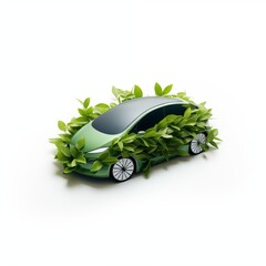 3d car in green leaves. Electric car isolated on white. Eco clean Energy, Environmental Alternative Energy Concept.