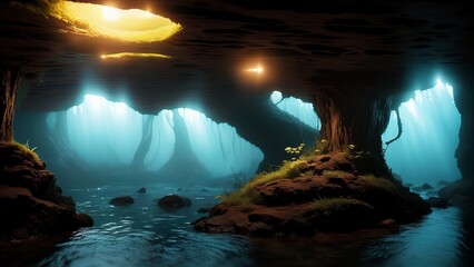 Mysterious underground caves on a fantasy planet. An image of mystery and adventure in the depths of unknown worlds. Creative, AI Generated - obrazy, fototapety, plakaty