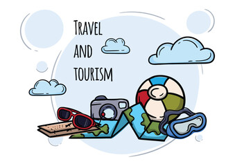 Travel and tourism. Bright vector editable illustration with items for recreation and entertainment.