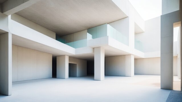 Empty abstract architecture building in minimal concrete design with open space floor courtyard white podium. Creative, AI Generated