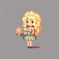 Young beautiful blond girl with spring flowers. Pixel art character