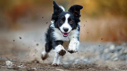 Portrait of a cute black and white border collie puppy running