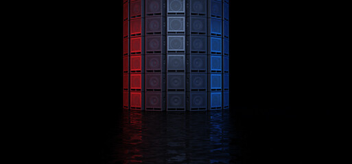 A wall of guitar amplifiers stands on a dark stage and are illuminated with red and blue light. 3D...