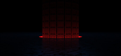 A wall of guitar amps is illuminated in red light from a portal in the floor. 3D Render. - obrazy, fototapety, plakaty