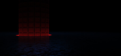 A wall of guitar amps is illuminated in red light from a portal in the floor. 3D Render.