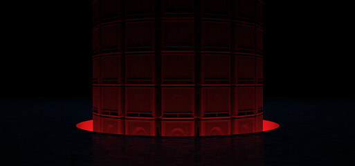 A wall of guitar amps is illuminated in red light from a portal in the floor. 3D Render.