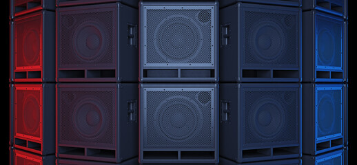 A wall of guitar amplifiers stands on a dark stage and are illuminated with red and blue light. 3D Render.