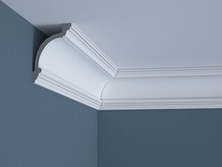 White ceiling cornice, blue wallpaper on the wall. 3D Render.