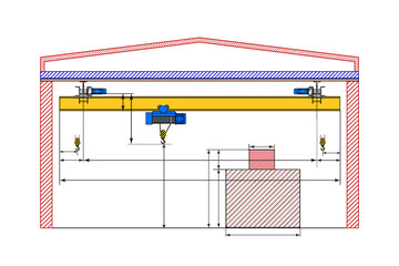 Overhead crane sketch with dimensions. Dimensional drawing.
