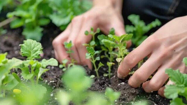 Close-up of Gen Z person's hands planting vegetable or culinary herb seedlings in urban community garden. Sustainable lifestyle, environmental sustainability, healthy food, gardening concept