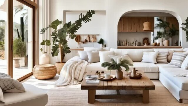 Bright Mediterranean interior details. Beautiful house, cozy living room with big white sofa, wooden coffee table and home design elements