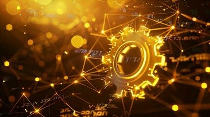 digital gear icon with data streams, artificial intelligence in system setting optimization, automation workflows, software customization options, user interfaces. yellow wireframe gear .
