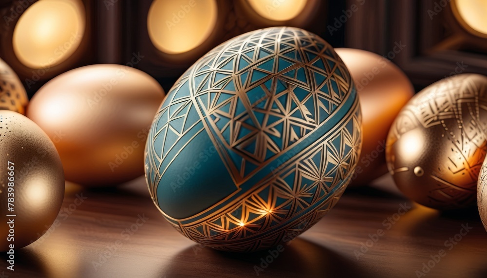 Poster exquisite easter eggs with intricate golden patterns illuminated softly, showcasing artistic decorat
