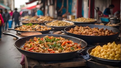 food in a pan on a street food market