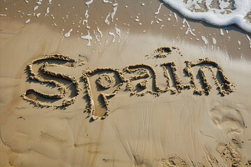 Spain written in the sand on a beach. Spanish tourism and vacation background