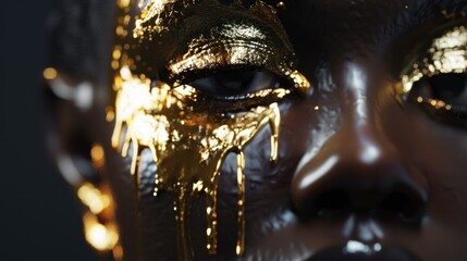 Close up of a persons face with gold paint