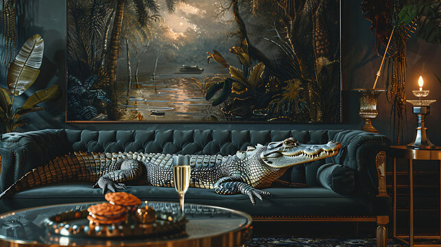 alligator relaxing on couch