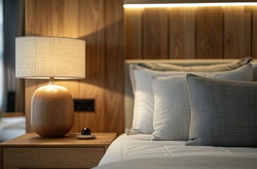 Bed with wooden headboard and lamp
