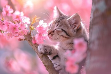 Cat sitting in tree with pink flower - Powered by Adobe