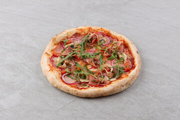 chicken BBQ Pizza. Pizza sauce, mozzarella, chicken breast, bacon, red onion, BBQ sauce, traditional pastry