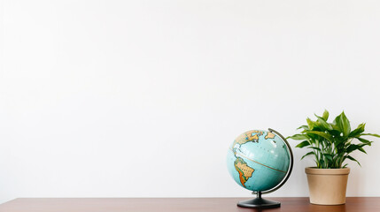 Table with a globe and a potted plant. Minimalist photography with free space for text. Education banner