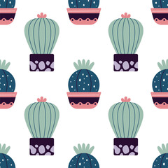 Cute cacti in boho style. Cactus seamless pattern. Trendy boho texture. Cacti fabric print design. Succulent textile. Flat design, doodle style, white background
