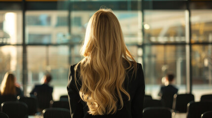 A blond woman with long hair in a black suit in the airport waiting for her plane boarding