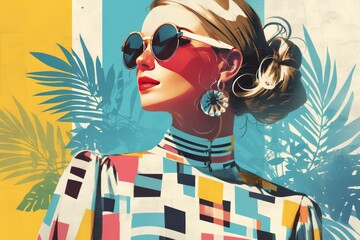 Vibrant retro collage-style artwork of a vintage woman with sunglasses and red lips, in front of colorful geometric shapes and palm trees