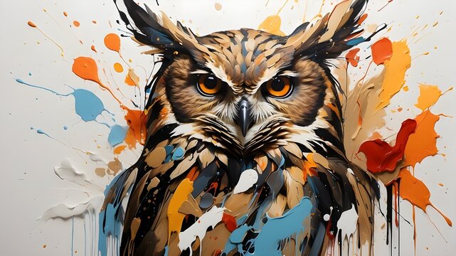 Owl form and spirit shown from an abstract perspective. paint drips, splatters, and aggressive brushstrokes to create a dynamic and expressive owl print. Owls' wild energy and raw strength