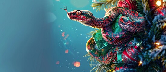 A colorful snake is entwined around a festively decorated Christmas tree branch